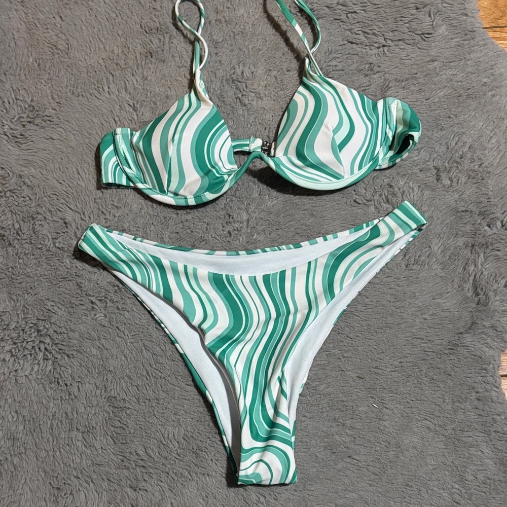 SHEIN Teal and White Wave Bikini Set